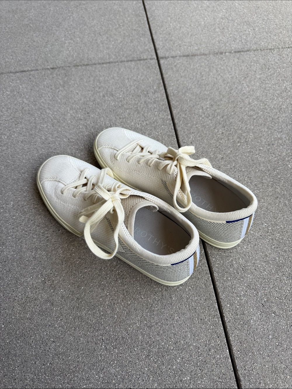 Rothy's Cream & Metallic Knit Lace-Up Sneakers with Blue Heel Tab, 7.5